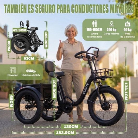 Triciclo Eléctrico Eskute T302Pro Motor 250W Batería 48V 20,8Ah Neumáticos 20" LCD