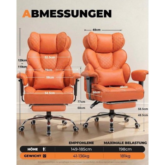 Silla Gaming GTPLAYER Ergonómica XXL 180 kg Reclinable 150° Reposapiés Naranja