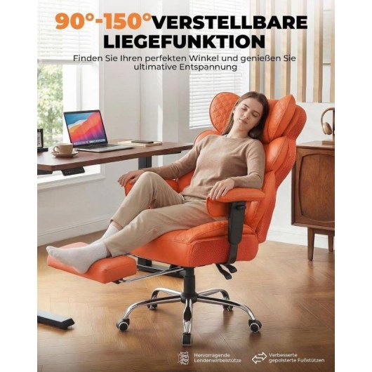 Silla Gaming GTPLAYER Ergonómica XXL 180 kg Reclinable 150° Reposapiés Naranja