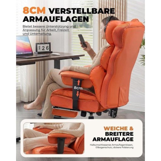 Silla Gaming GTPLAYER Ergonómica XXL 180 kg Reclinable 150° Reposapiés Naranja