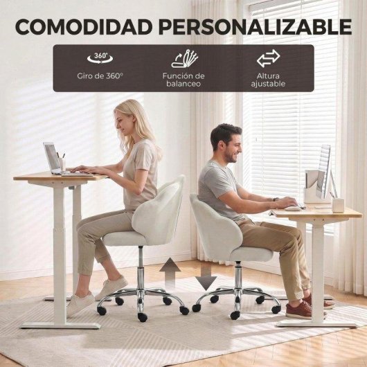 Cadeira de escritório Homcom Altura Ajustável Basculante Creme