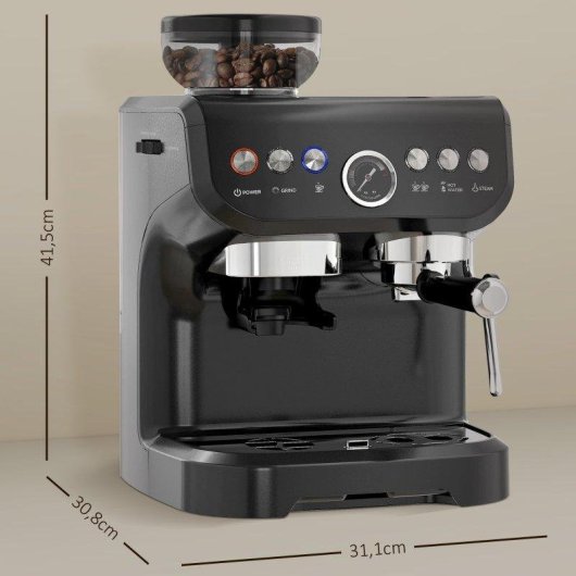 Máquina de café expresso HOMCOM 2 L 15 bares, moinho 15 níveis, 1600 W