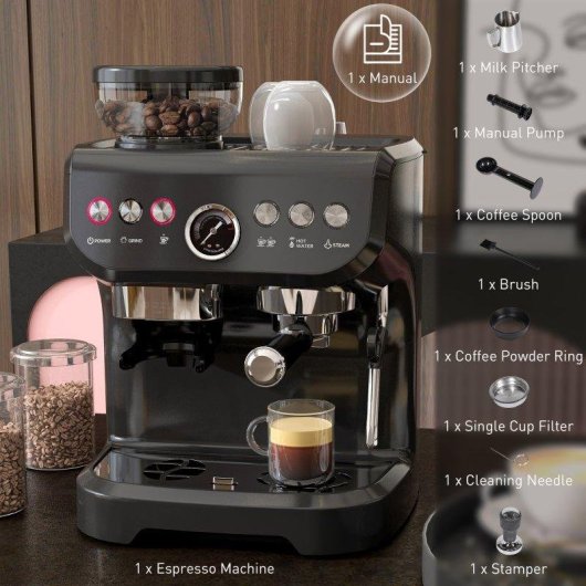 Máquina de café expresso HOMCOM 2 L 15 bares, moinho 15 níveis, 1600 W