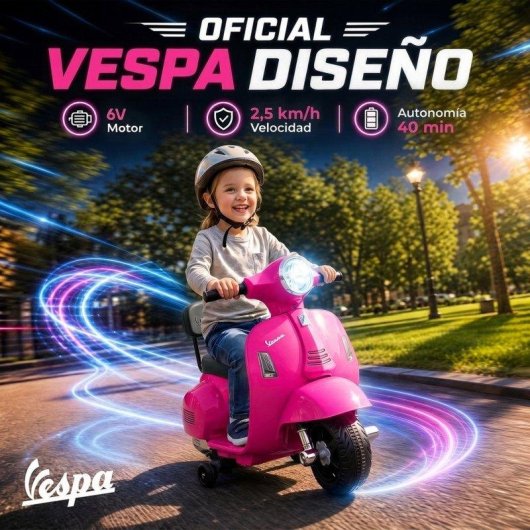 Moto Eléctrica Aiyaplay Mini Vespa GTS Rosa 2 Ruedas Auxiliares 2,5 Km/h 40 Min