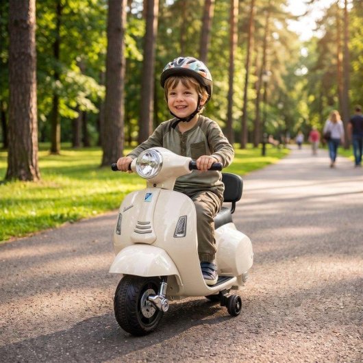 Moto eletrica Aiyaplay Mini Vespa GTS com rodas de apoio brancas