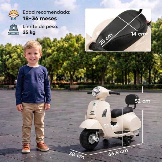 Moto eletrica Aiyaplay Mini Vespa GTS com rodas de apoio brancas