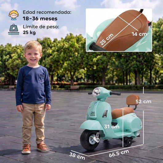Moto Eléctrica Infantil Aiyaplay Mini Vespa Gts 2 Ruedas Auxiliares 2,5 km/h 40 Min Verde