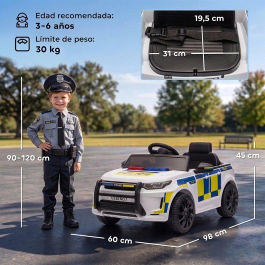 Coche Eléctrico Infantil Aiyaplay Policía 12V Doble Motor Con Mando Blanco