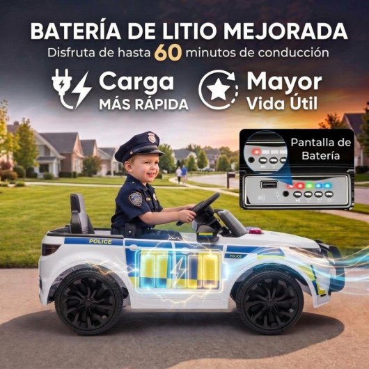 Coche Eléctrico Infantil Aiyaplay Policía 12V Doble Motor Con Mando Blanco