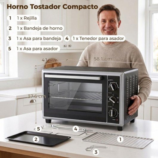 Horno sobremesa Homcom 46L 58,1cm con convección y asador giratorio negro
