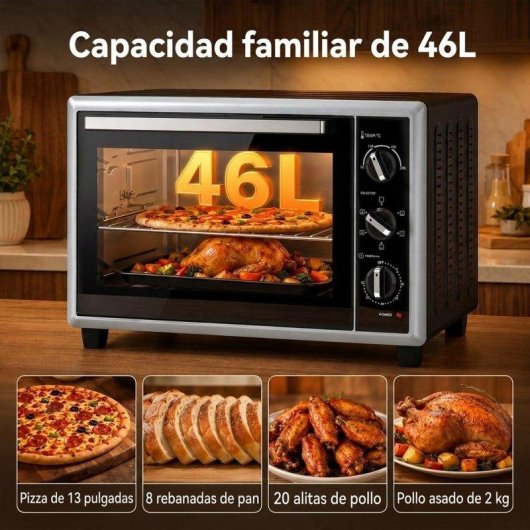 Horno sobremesa Homcom 46L 58,1cm con convección y asador giratorio negro