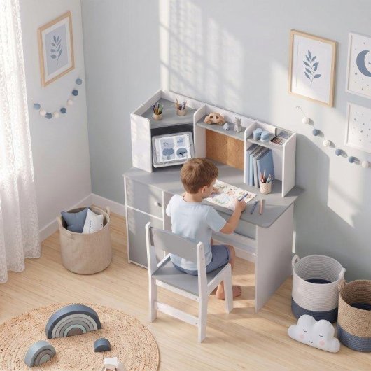 Mesa infantil Aiyaplay com cadeira e suporte para tablet Cinzento