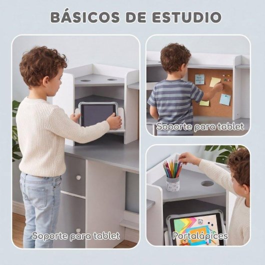 Mesa infantil Aiyaplay com cadeira e suporte para tablet Cinzento