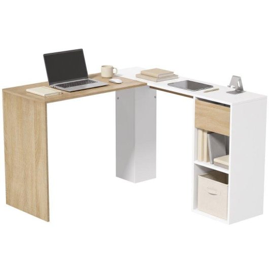 Mesa HOMCOM 836-753V00MX em L Branco Madeira Natural Gaveta 2 Prateleiras