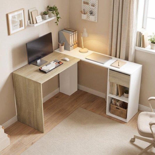 Mesa HOMCOM 836-753V00MX em L Branco Madeira Natural Gaveta 2 Prateleiras