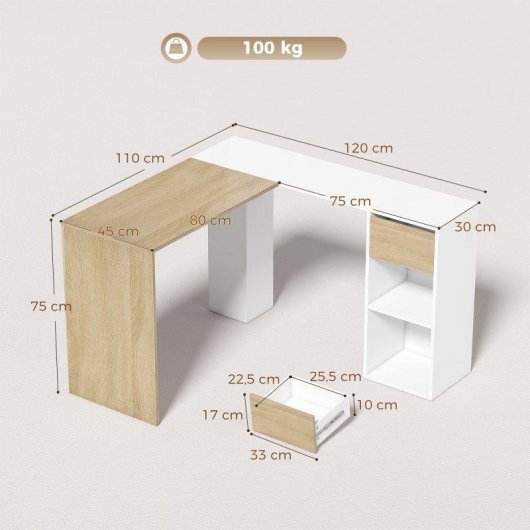 Mesa HOMCOM 836-753V00MX em L Branco Madeira Natural Gaveta 2 Prateleiras