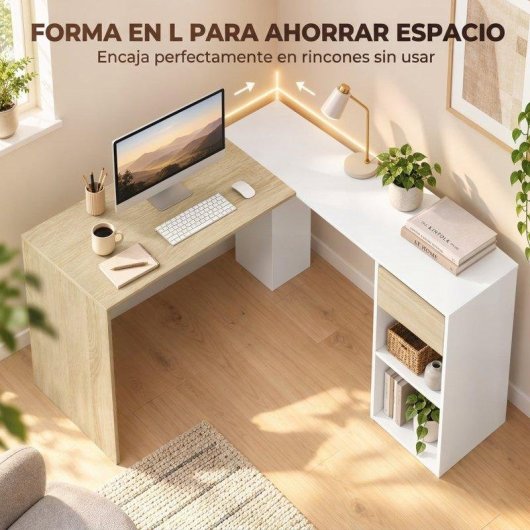 Mesa HOMCOM 836-753V00MX em L Branco Madeira Natural Gaveta 2 Prateleiras