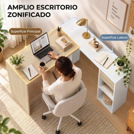 Mesa HOMCOM 836-753V00MX em L Branco Madeira Natural Gaveta 2 Prateleiras