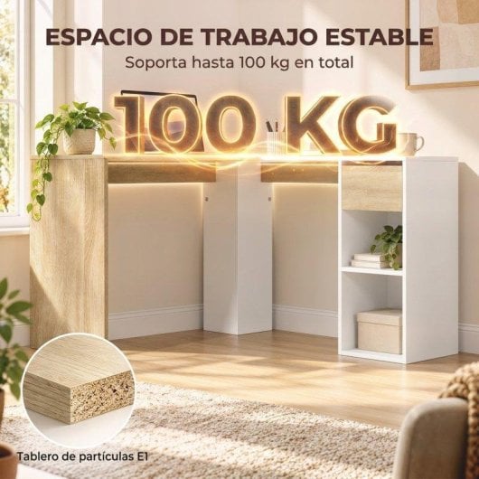 Mesa HOMCOM 836-753V00MX em L Branco Madeira Natural Gaveta 2 Prateleiras