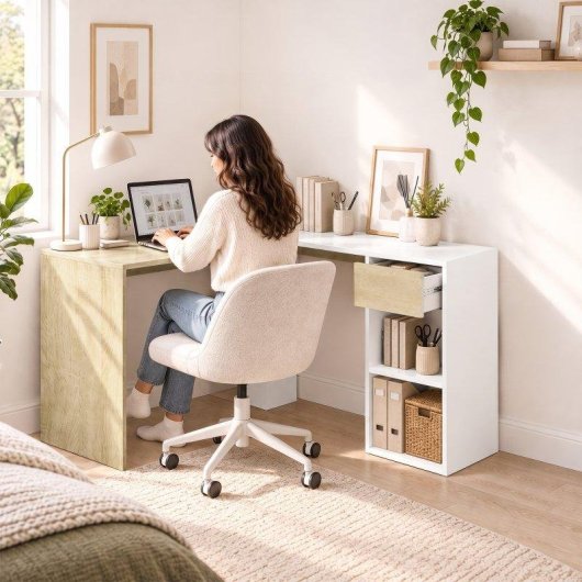 Mesa HOMCOM 836-753V00MX em L Branco Madeira Natural Gaveta 2 Prateleiras