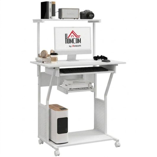 Mesa Homcom 920-084V80WT Móvel 80x50x130 cm Bandeja Teclado Rodas Branco