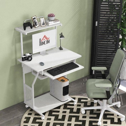 Mesa Homcom 920-084V80WT Móvel 80x50x130 cm Bandeja Teclado Rodas Branco