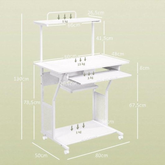 Mesa Homcom 920-084V80WT Móvel 80x50x130 cm Bandeja Teclado Rodas Branco