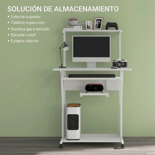 Mesa Homcom 920-084V80WT Móvel 80x50x130 cm Bandeja Teclado Rodas Branco
