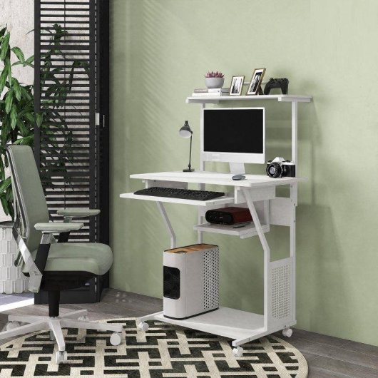 Mesa Homcom 920-084V80WT Móvel 80x50x130 cm Bandeja Teclado Rodas Branco
