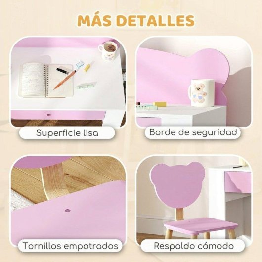 Secretária infantil AIYAPLAY com cadeira, gaveta e encosto de urso