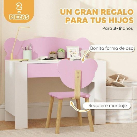 Secretária infantil AIYAPLAY com cadeira, gaveta e encosto de urso