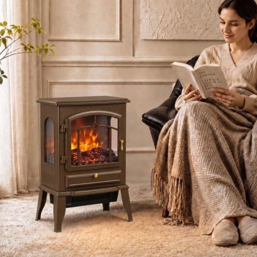 Chimenea eléctrica de suelo Homcom 2000 W con efecto llama regulable, termostato ajustable