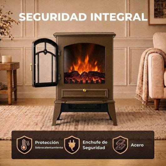 Chimenea eléctrica de suelo Homcom 2000 W con efecto llama regulable, termostato ajustable