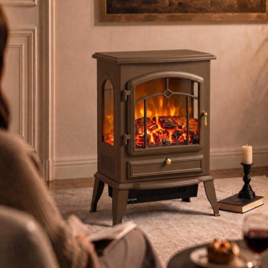 Chimenea eléctrica de suelo Homcom 2000 W con efecto llama regulable, termostato ajustable
