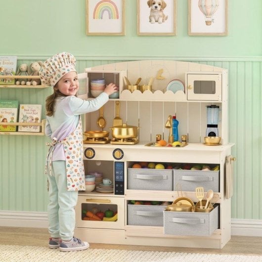 Cocina de Juguete Aiyaplay Madera con Luces y Sonidos 12 Accesorios Blanco Crema