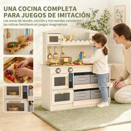 Cocina de Juguete Aiyaplay Madera con Luces y Sonidos 12 Accesorios Blanco Crema