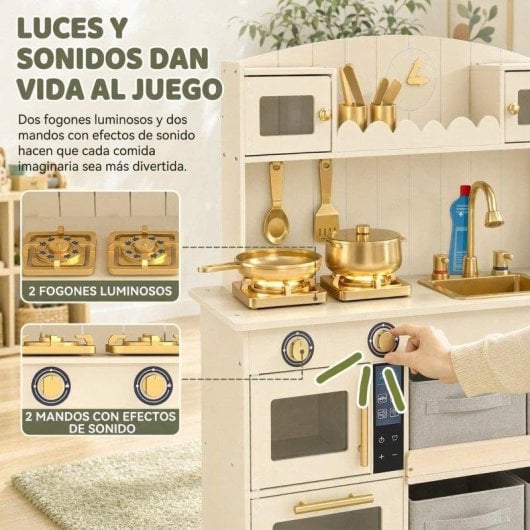 Cocina de Juguete Aiyaplay Madera con Luces y Sonidos 12 Accesorios Blanco Crema