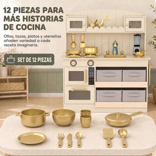 Cocina de Juguete Aiyaplay Madera con Luces y Sonidos 12 Accesorios Blanco Crema