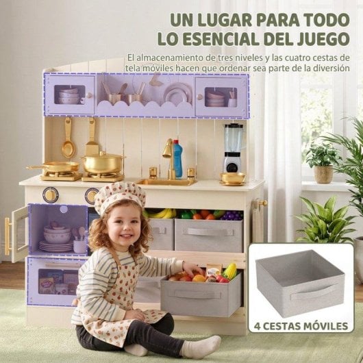 Cocina de Juguete Aiyaplay Madera con Luces y Sonidos 12 Accesorios Blanco Crema