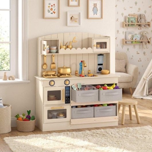 Cocina de Juguete Aiyaplay Madera con Luces y Sonidos 12 Accesorios Blanco Crema