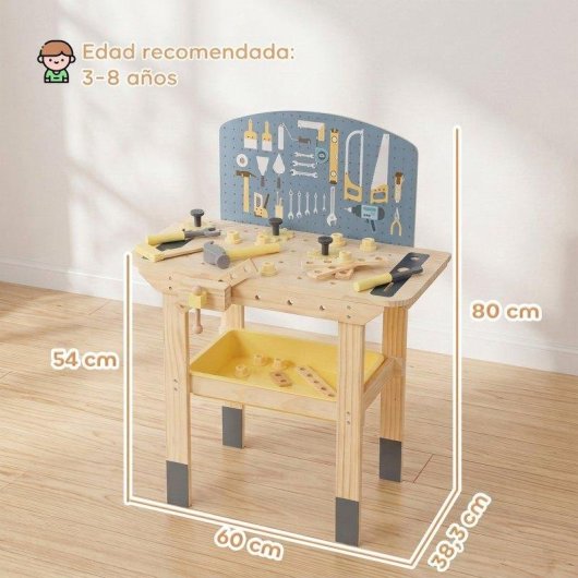 Banco de Herramientas Infantil Aiyaplay Madera Pino 28 Accesorios 3-8 Años