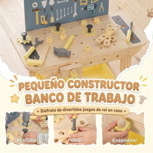 Banco de Herramientas Infantil Aiyaplay Madera Pino 28 Accesorios 3-8 Años