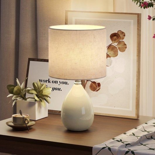 Lámpara de Mesa Homcom Base Cerámica Pantalla Lino Blanco Crema 35 cm E27