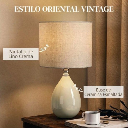Lámpara de Mesa Homcom Base Cerámica Pantalla Lino Blanco Crema 35 cm E27