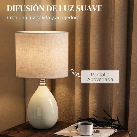 Lámpara de Mesa Homcom Base Cerámica Pantalla Lino Blanco Crema 35 cm E27