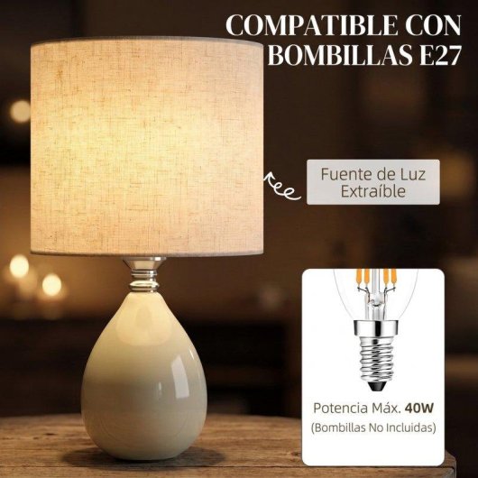Lámpara de Mesa Homcom Base Cerámica Pantalla Lino Blanco Crema 35 cm E27