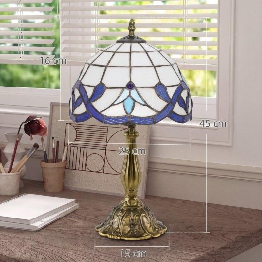 Candeeiro de Mesa Homcom Tiffany Vidro Azul Artesanal E27 25x45 cm