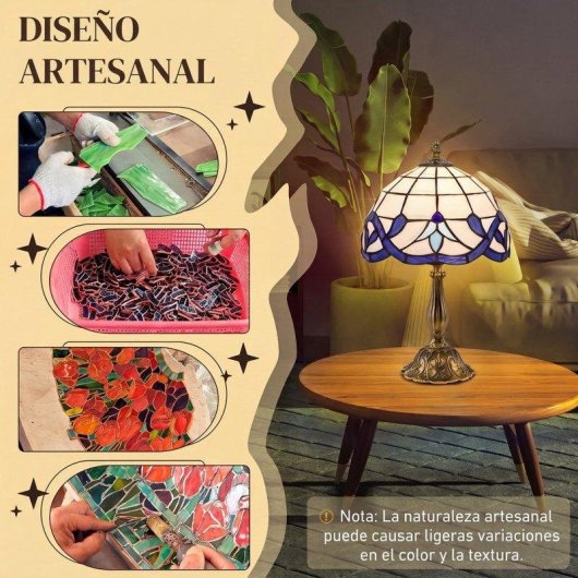 Candeeiro de Mesa Homcom Tiffany Vidro Azul Artesanal E27 25x45 cm