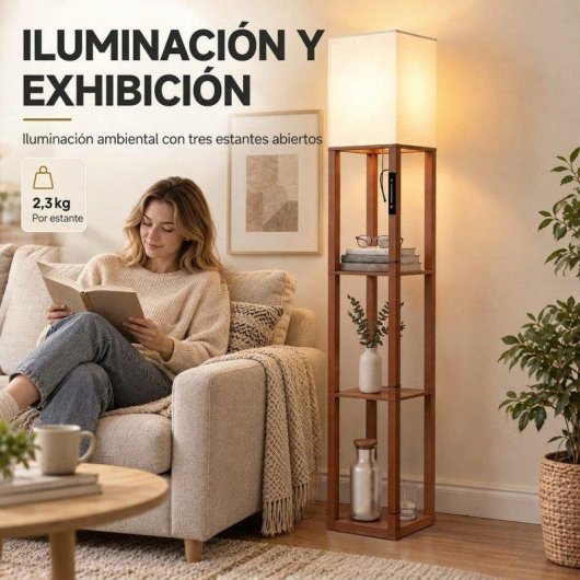 Lámpara de Pie Homcom LED Regulable 159 cm 3 Estantes Marrón