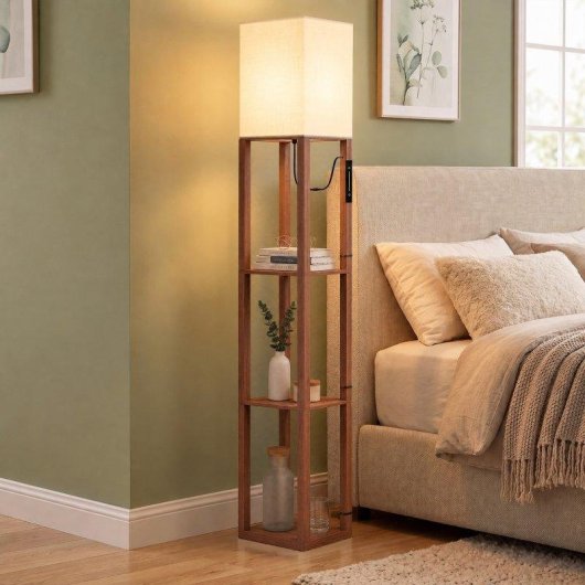 Lámpara de Pie Homcom LED Regulable 159 cm 3 Estantes Marrón